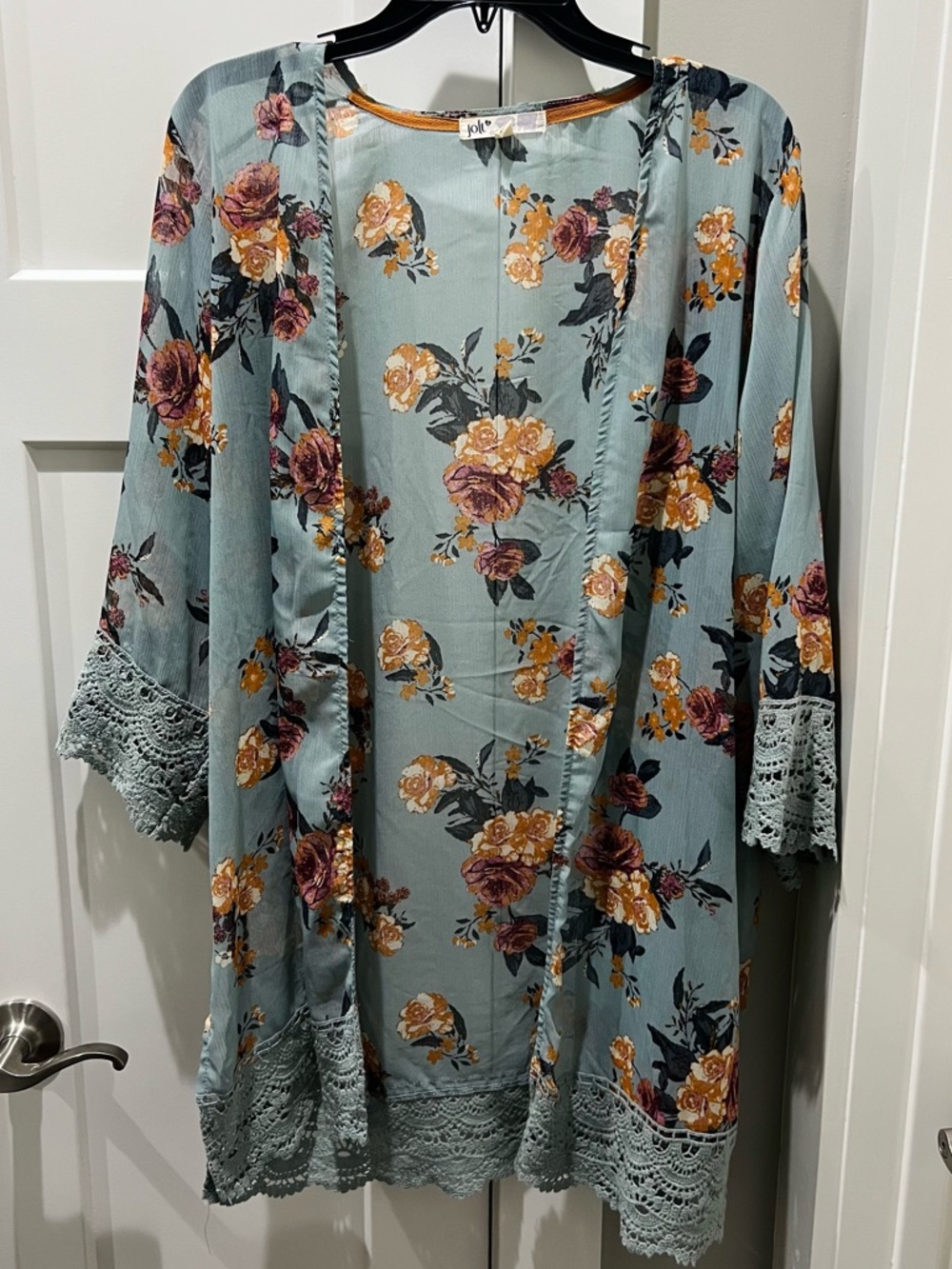 Jolt Boho Floral Lace Crochet Trim Open Kimono Cardigan Top Aqua Sage Blue XL